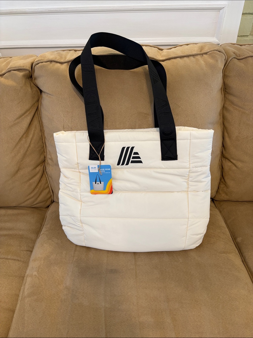 Aldi Cream Quilted Tote with Black Straps